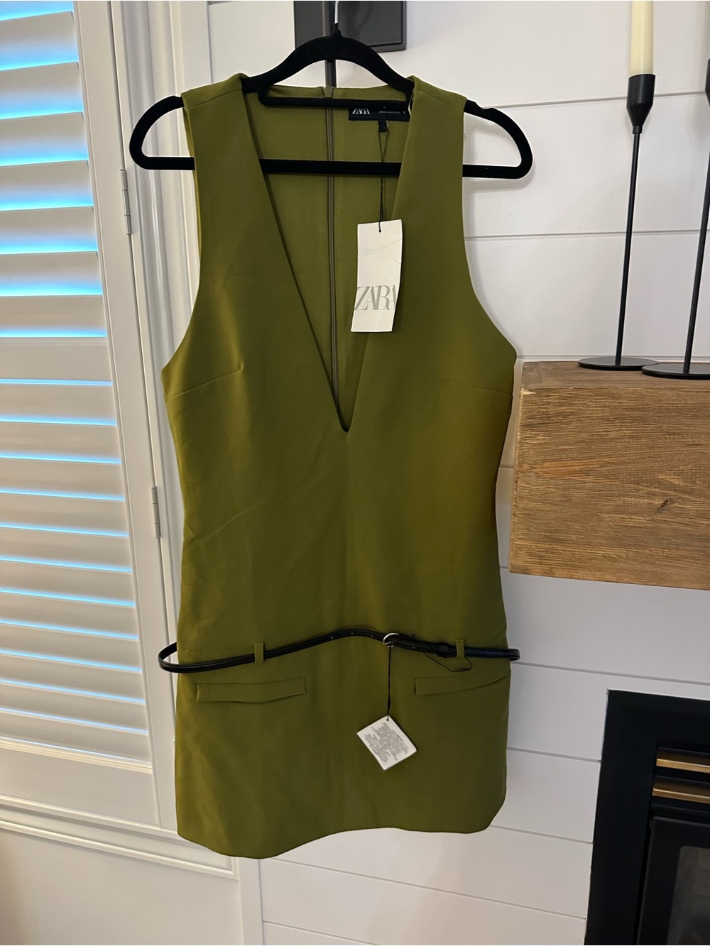 Zara Olive Sleeveless V-Neck Mini Dress